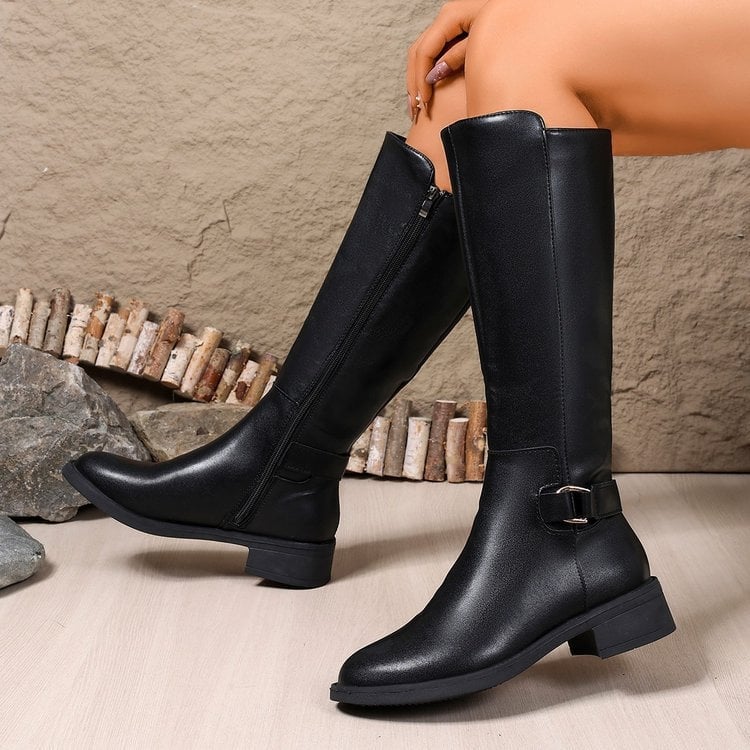 Cizme cavaler pentru femei, PU, până la genunchi, vârf rotund, toc mediu 3–5 cm, stil casual