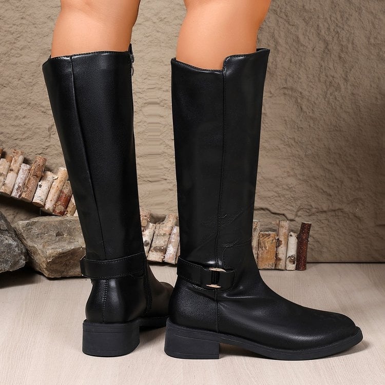 Cizme cavaler pentru femei, PU, până la genunchi, vârf rotund, toc mediu 3–5 cm, stil casual