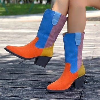 Botosei dama 2025 Patchwork retro moto, PU piele, vârf ascuțit, toc pătrat mediu, gambă înaltă, toamnă iarnă