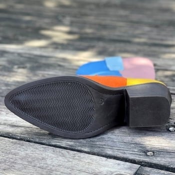 Botosei dama 2025 Patchwork retro moto, PU piele, vârf ascuțit, toc pătrat mediu, gambă înaltă, toamnă iarnă