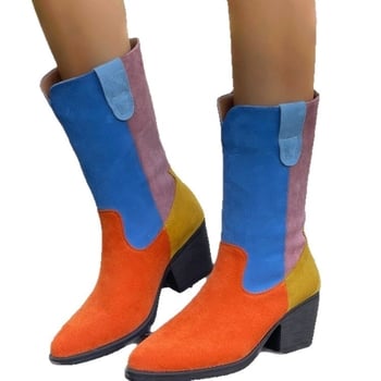Botosei dama 2025 Patchwork retro moto, PU piele, vârf ascuțit, toc pătrat mediu, gambă înaltă, toamnă iarnă