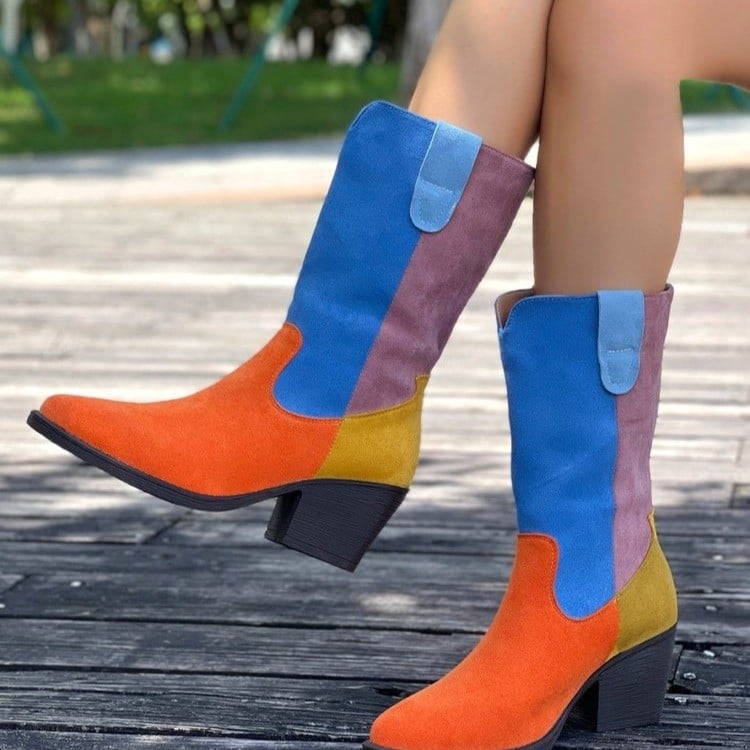 Botosei dama 2025 Patchwork retro moto, PU piele, vârf ascuțit, toc pătrat mediu, gambă înaltă, toamnă iarnă