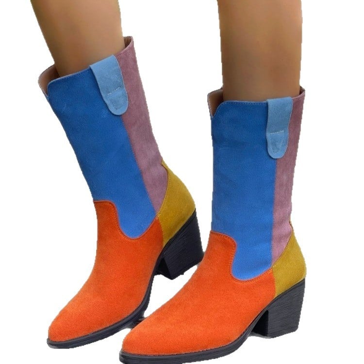 Botosei dama 2025 Patchwork retro moto, PU piele, vârf ascuțit, toc pătrat mediu, gambă înaltă, toamnă iarnă