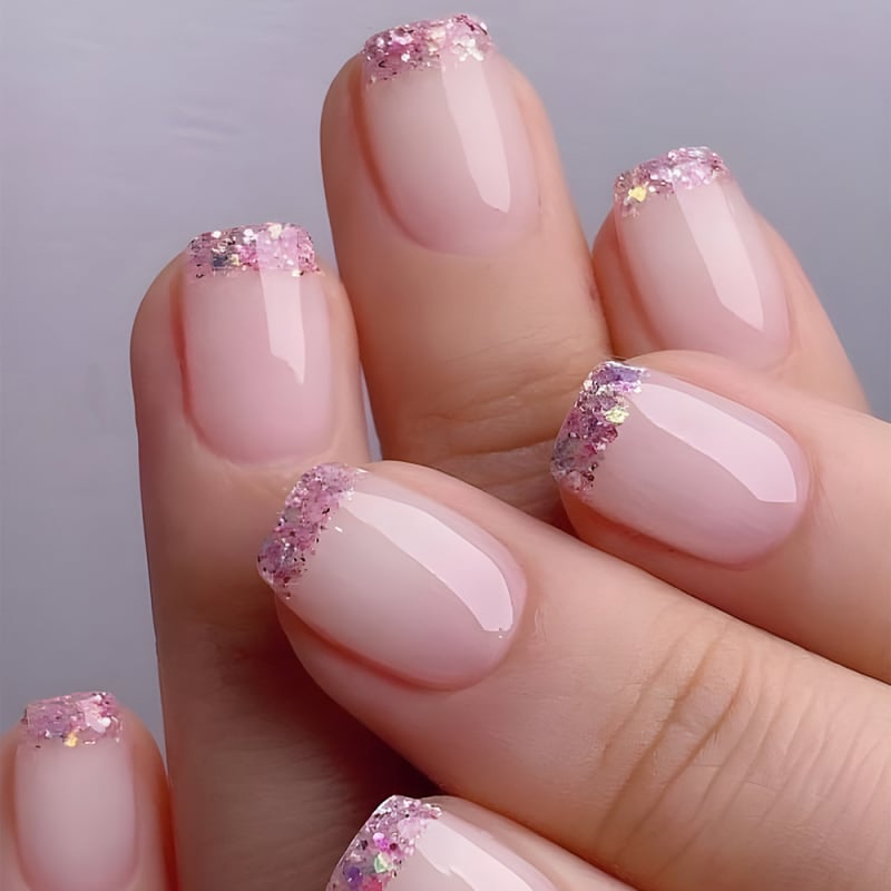 Sjajna francuska manikura s glitterom — sladak i nježan stil, nosive vrhove noktiju, set od 30 komada gotovih naljepnica za nokte
