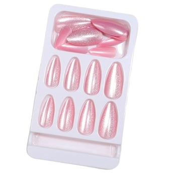 24-komadni set ružičastih perlastih cat-eye noktiju za lijepljenje, jak cat-eye efekt, karirani uzorak