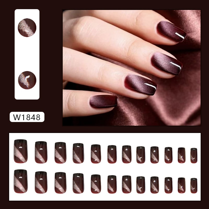 Cat Eye set noktiju, nepravilne srednje duge duljine, suptilan sjaj, 24 uklonjiva nokta