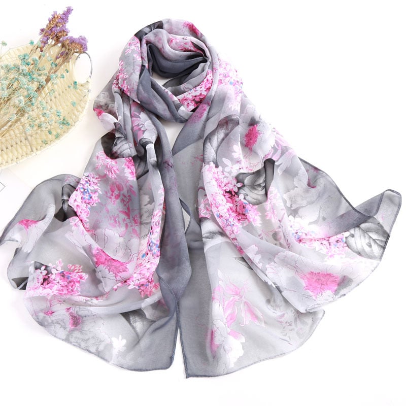 Női chiffon sál virágos mintával, koreai stílus, UV védelem, 50 cm széles