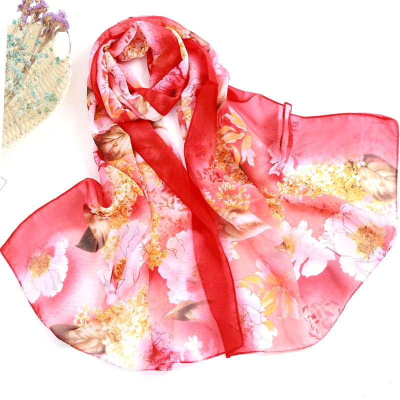 Női chiffon sál virágos mintával, koreai stílus, UV védelem, 50 cm széles