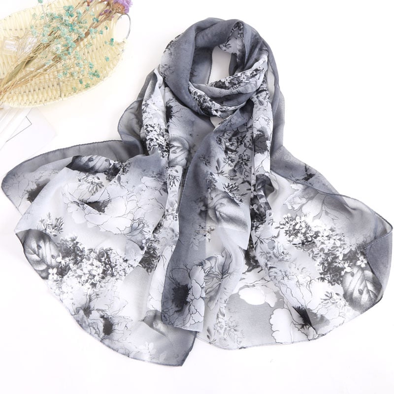 Női chiffon sál virágos mintával, koreai stílus, UV védelem, 50 cm széles