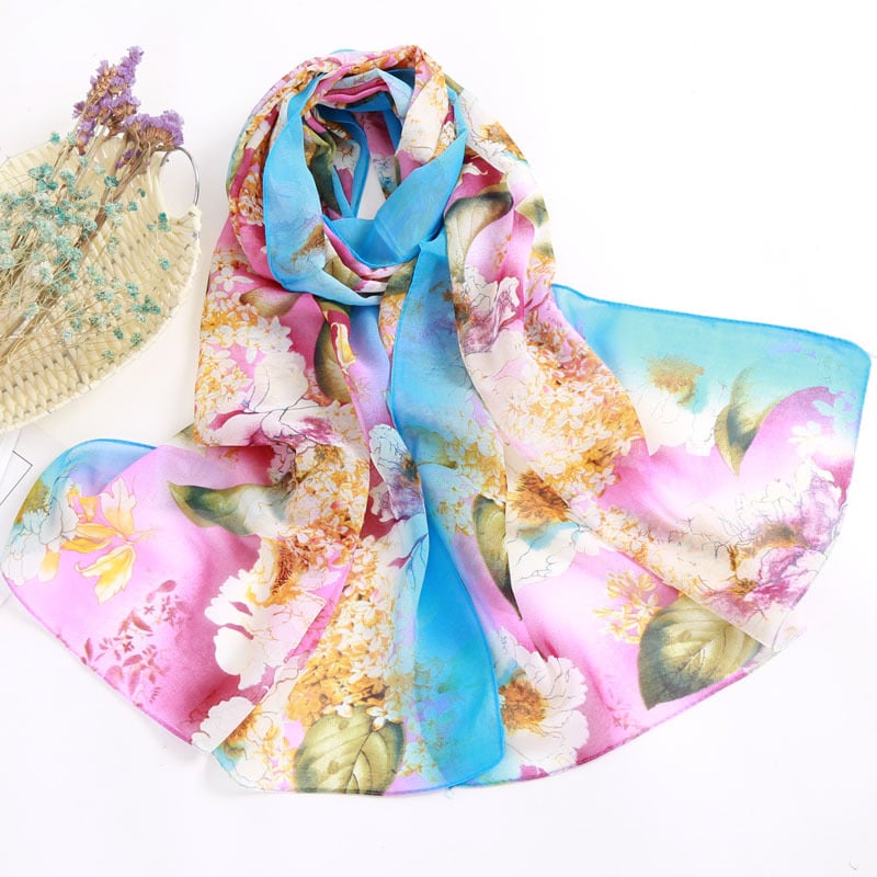 Női chiffon sál virágos mintával, koreai stílus, UV védelem, 50 cm széles