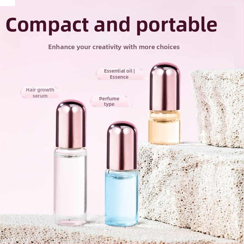 Priehľadná roll-on fľaštička s ružovozlatým uzáverom, objem 1 ml/2 ml/3 ml, na éterické oleje a parfum.
