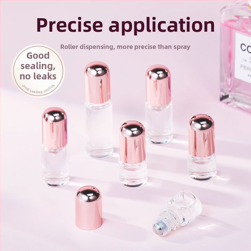 Priehľadná roll-on fľaštička s ružovozlatým uzáverom, objem 1 ml/2 ml/3 ml, na éterické oleje a parfum.