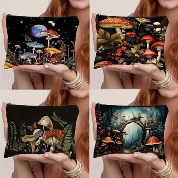 Vodootporna lanena kozmetička torbica s ilustracijom gljiva, elegantan clutch.
