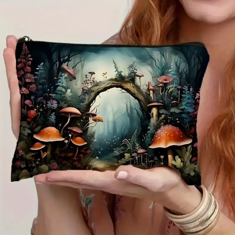 Vodootporna lanena kozmetička torbica s ilustracijom gljiva, elegantan clutch.