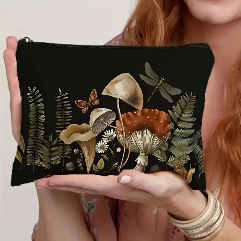 Vodootporna lanena kozmetička torbica s ilustracijom gljiva, elegantan clutch.