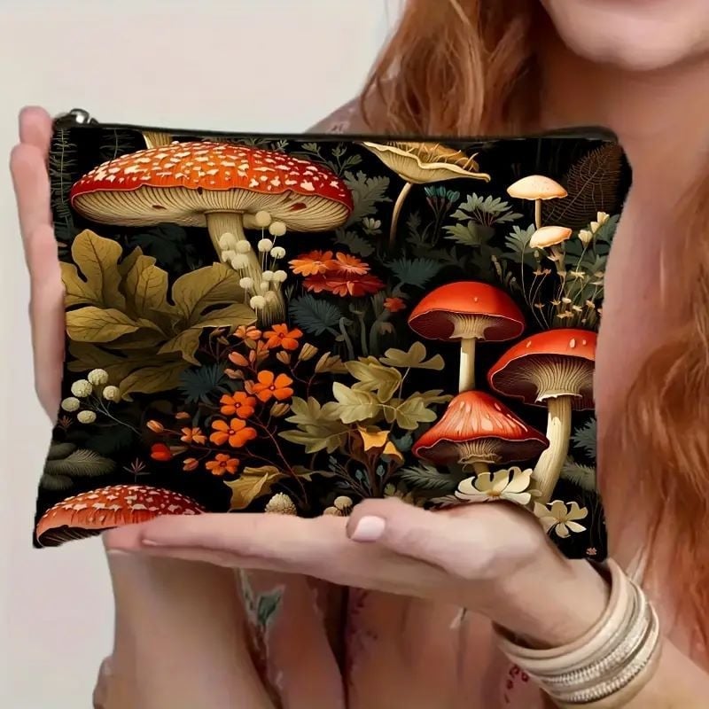Vodootporna lanena kozmetička torbica s ilustracijom gljiva, elegantan clutch.
