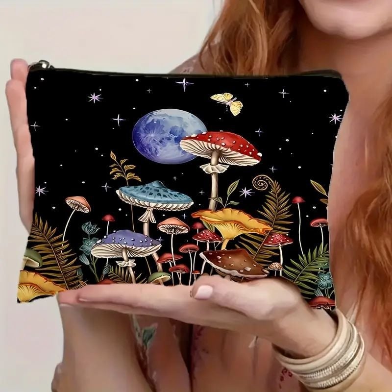 Vodootporna lanena kozmetička torbica s ilustracijom gljiva, elegantan clutch.