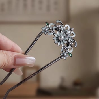 Strieborná kvetinová spona do vlasov s perlami, štýl Hanfu/Tang, retro umelecký doplnok pre ženy