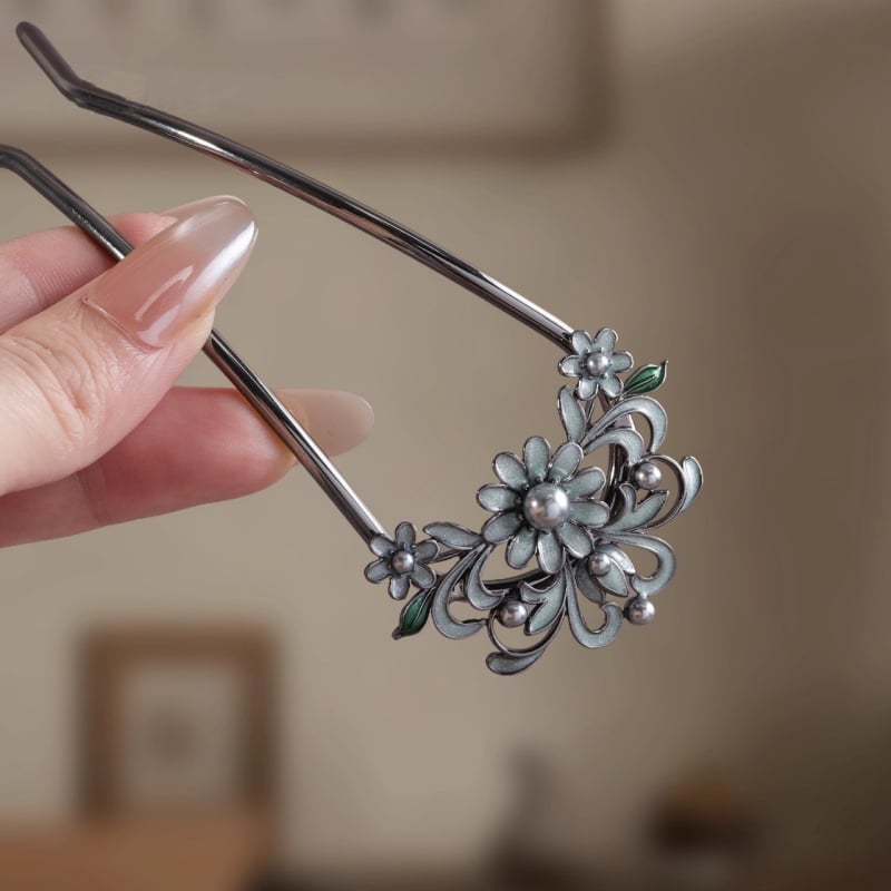 Strieborná kvetinová spona do vlasov s perlami, štýl Hanfu/Tang, retro umelecký doplnok pre ženy