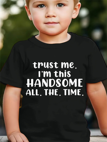 Детска тениска с принт от букви и надпис 'Trust Me Im This Handsome', къс ръкав, кръгла яка, полиестер, антибактериална