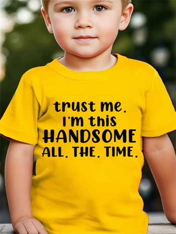 Детска тениска с принт от букви и надпис 'Trust Me Im This Handsome', къс ръкав, кръгла яка, полиестер, антибактериална