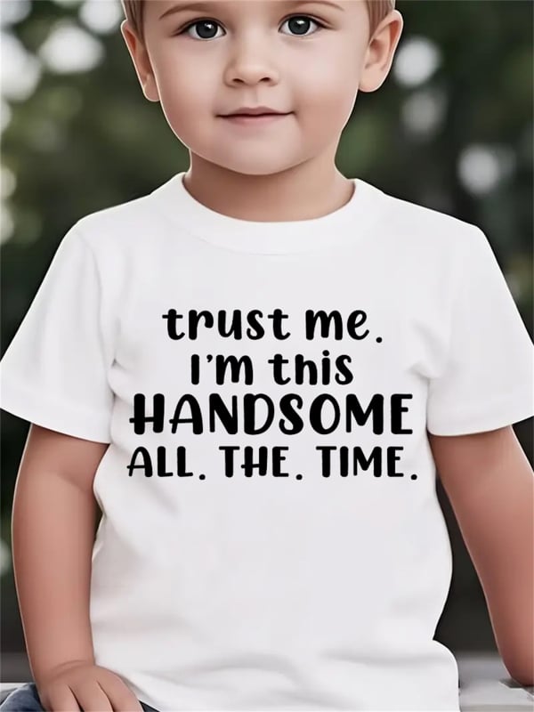 Детска тениска с принт от букви и надпис 'Trust Me Im This Handsome', къс ръкав, кръгла яка, полиестер, антибактериална