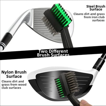 Dvojstranná golfová kefka s hlavou z oceľového drôtu a nylonu, ergonomická rúčka na čistenie golfových palíc