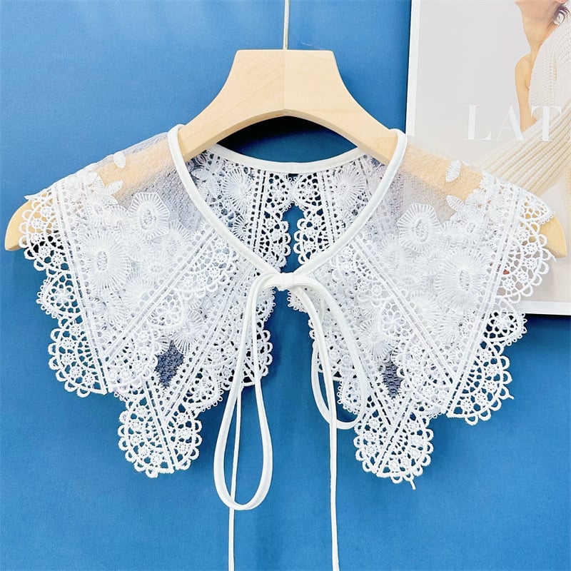 Guler din dantelă cu broderie de floarea-soarelui, eșarfă cu funda, pentru femei