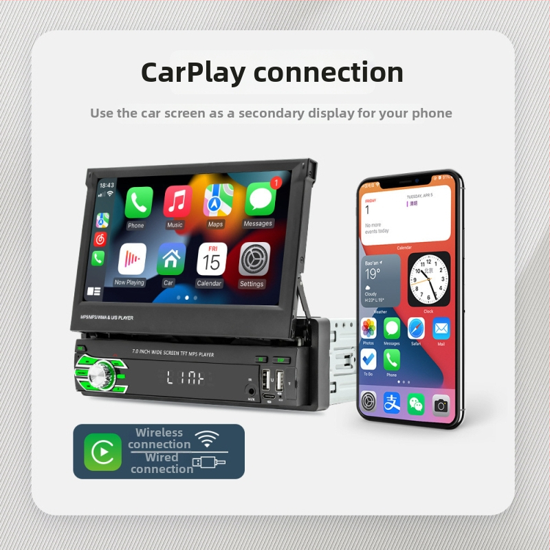 7-palcový bezdrôtový CarPlay MP5 prehrávač s manuálne vysúvacím displejom a Bluetooth cúvacou kamerou