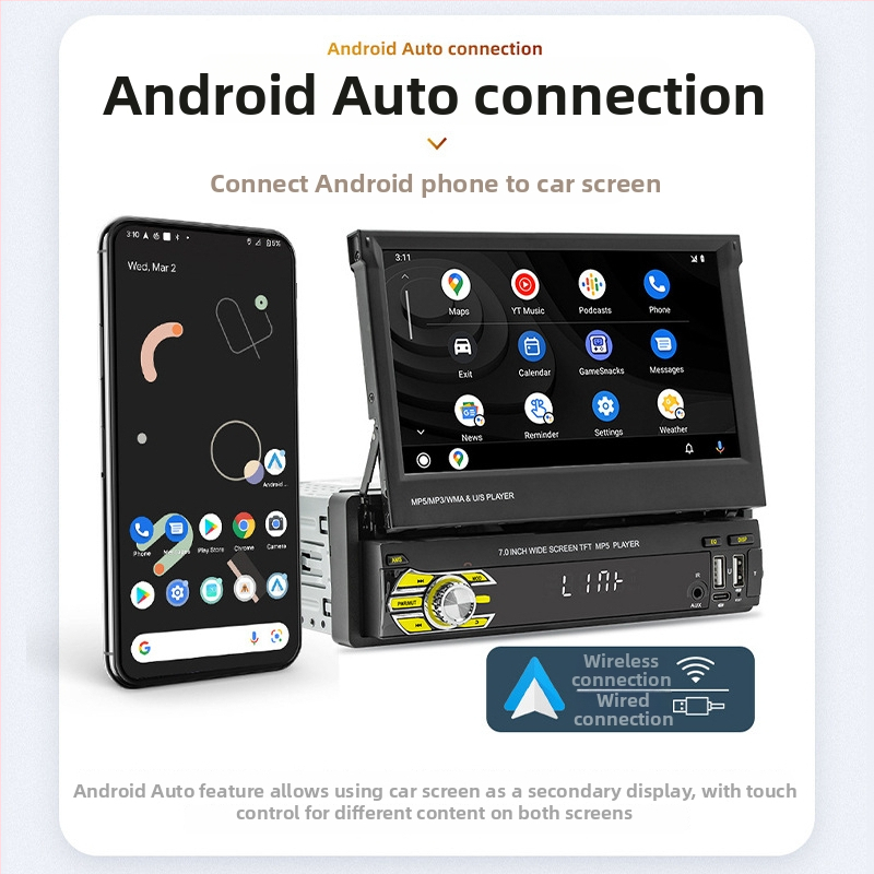 7-palcový bezdrôtový CarPlay MP5 prehrávač s manuálne vysúvacím displejom a Bluetooth cúvacou kamerou