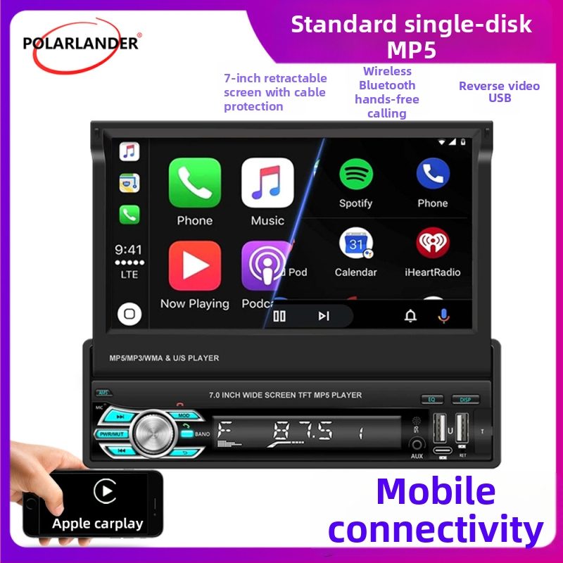 7-palcový bezdrôtový CarPlay MP5 prehrávač s manuálne vysúvacím displejom a Bluetooth cúvacou kamerou
