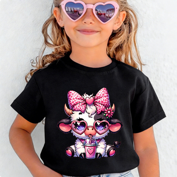 Παιδικό T‑shirt με καρτούν αγελάδα που πίνει γάλα και τσάι, 100% βαμβάκι, κοντό μανίκι, 220 g/m², κωδ. 60409-13