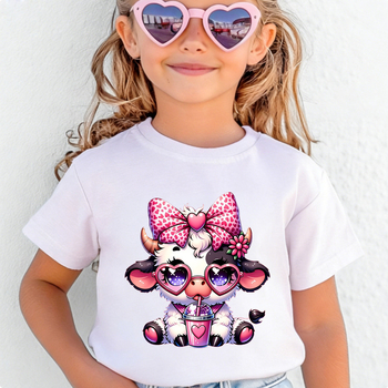 Παιδικό T‑shirt με καρτούν αγελάδα που πίνει γάλα και τσάι, 100% βαμβάκι, κοντό μανίκι, 220 g/m², κωδ. 60409-13