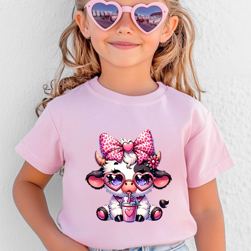 Παιδικό T‑shirt με καρτούν αγελάδα που πίνει γάλα και τσάι, 100% βαμβάκι, κοντό μανίκι, 220 g/m², κωδ. 60409-13