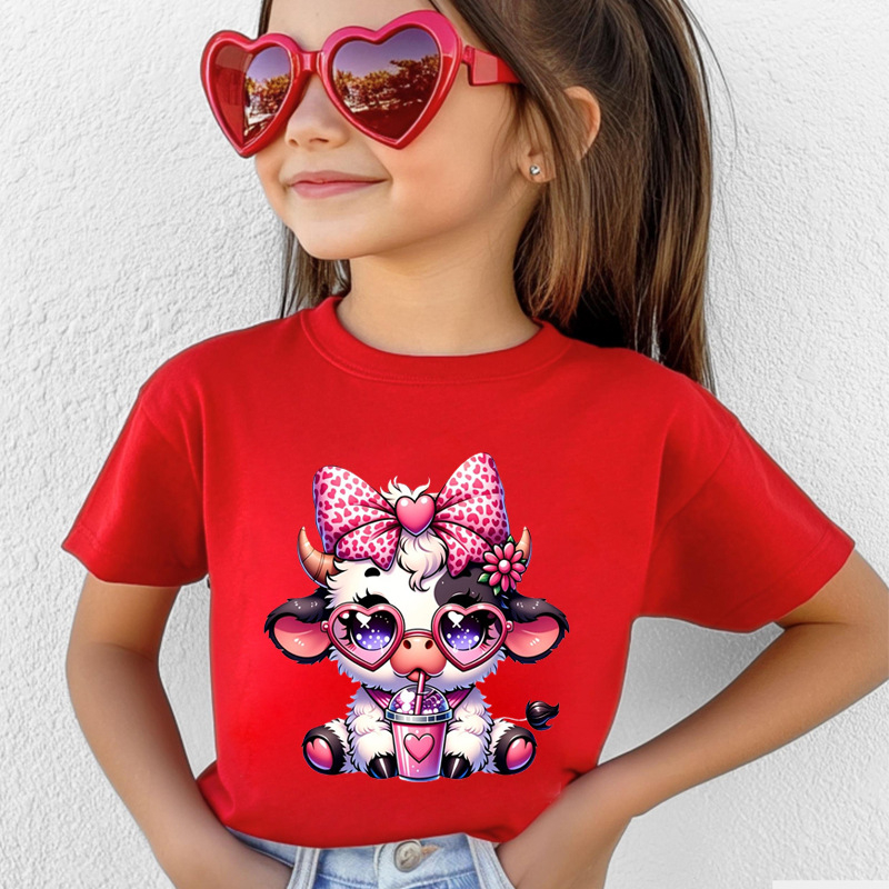 Παιδικό T‑shirt με καρτούν αγελάδα που πίνει γάλα και τσάι, 100% βαμβάκι, κοντό μανίκι, 220 g/m², κωδ. 60409-13