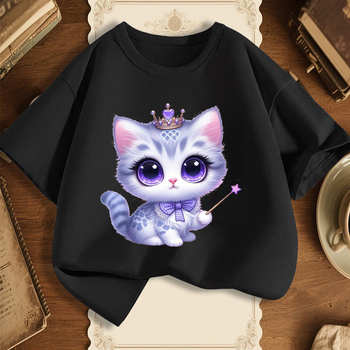 Unisex παιδικό T-shirt με εκτύπωση μαγικού γάτου σε στυλ καρτούν, 100% βαμβάκι, κοντό μανίκι
