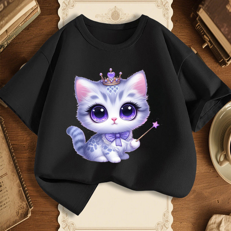 Unisex παιδικό T-shirt με εκτύπωση μαγικού γάτου σε στυλ καρτούν, 100% βαμβάκι, κοντό μανίκι