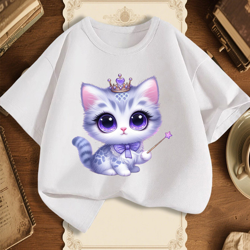 Unisex παιδικό T-shirt με εκτύπωση μαγικού γάτου σε στυλ καρτούν, 100% βαμβάκι, κοντό μανίκι