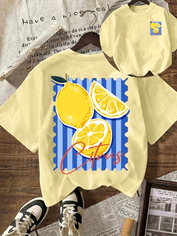 Tricou casual oversized cu imprimeu de lămâie, mânecă scurtă, 2026