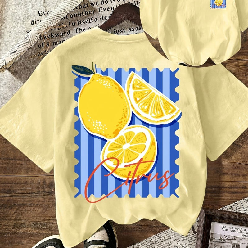 Tricou casual oversized cu imprimeu de lămâie, mânecă scurtă, 2026