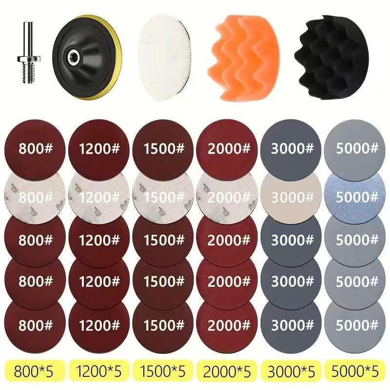 Set de 35 discuri pentru repararea farurilor și polisare auto, diametrul 75 mm (3 in), bureți de polisare cu șmirghel