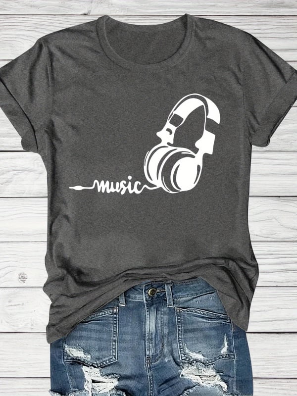 Tricou T cu imprimeu tematic Festival de Muzică, mâneci scurte, guler rotund, croială lejeră, pentru vară și primăvară, femei, bumbac negru-gri.