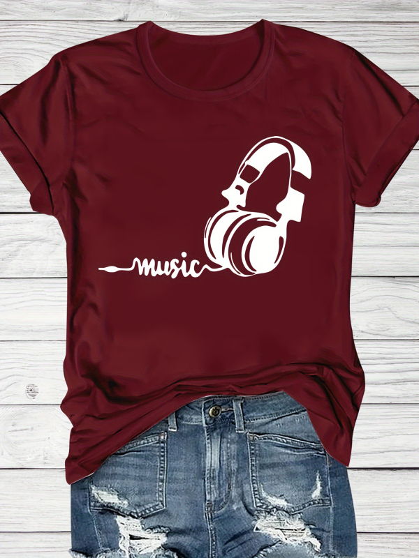 Tricou T cu imprimeu tematic Festival de Muzică, mâneci scurte, guler rotund, croială lejeră, pentru vară și primăvară, femei, bumbac negru-gri.