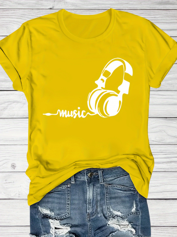 Tricou T cu imprimeu tematic Festival de Muzică, mâneci scurte, guler rotund, croială lejeră, pentru vară și primăvară, femei, bumbac negru-gri.
