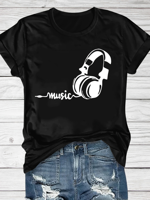 Tricou T cu imprimeu tematic Festival de Muzică, mâneci scurte, guler rotund, croială lejeră, pentru vară și primăvară, femei, bumbac negru-gri.