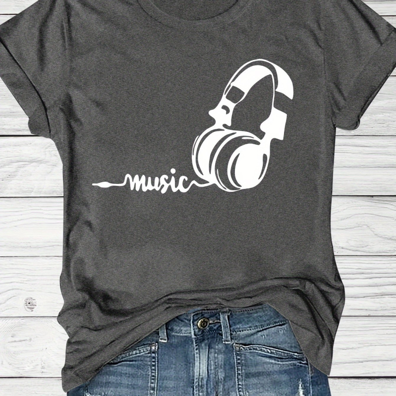 Tricou T cu imprimeu tematic Festival de Muzică, mâneci scurte, guler rotund, croială lejeră, pentru vară și primăvară, femei, bumbac negru-gri.
