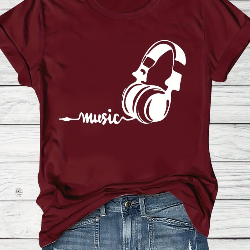 Tricou T cu imprimeu tematic Festival de Muzică, mâneci scurte, guler rotund, croială lejeră, pentru vară și primăvară, femei, bumbac negru-gri.