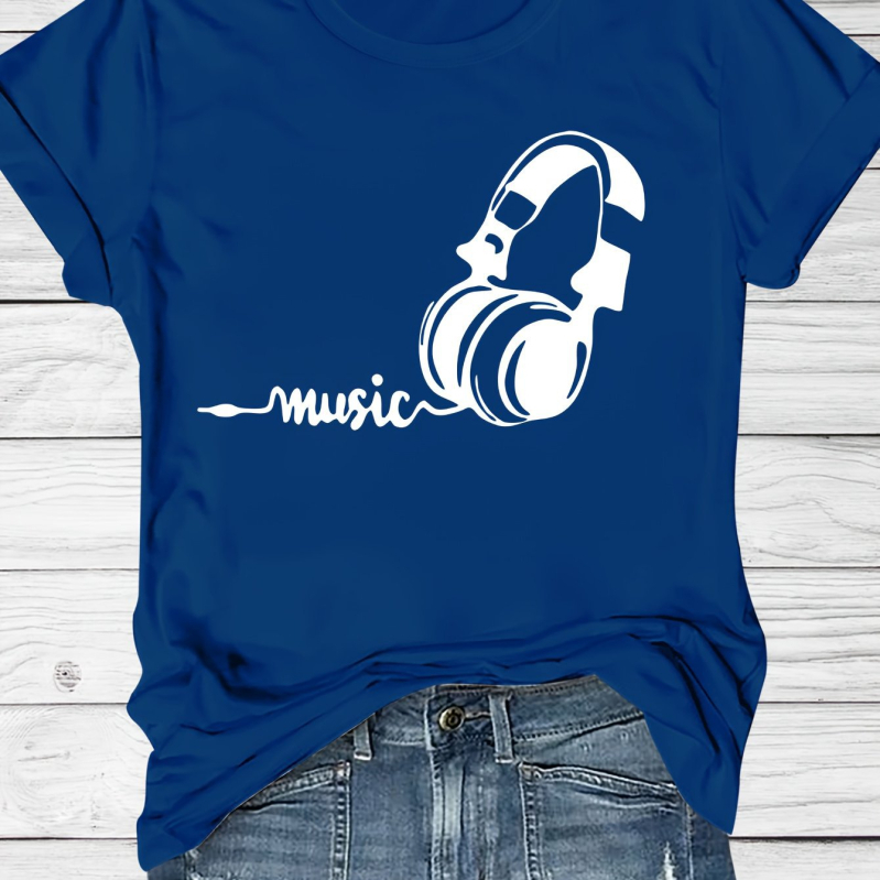 Tricou T cu imprimeu tematic Festival de Muzică, mâneci scurte, guler rotund, croială lejeră, pentru vară și primăvară, femei, bumbac negru-gri.