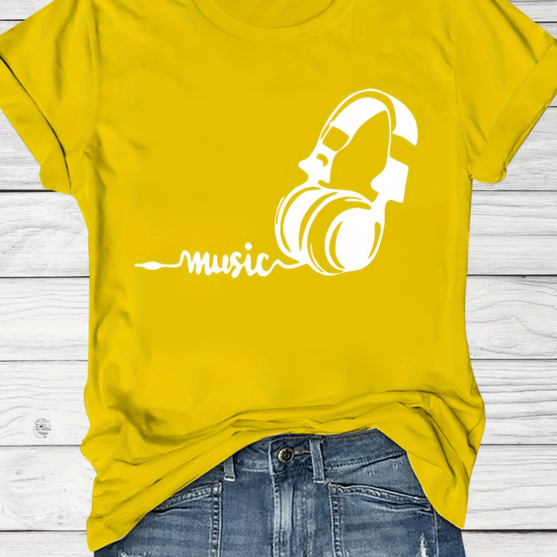 Tricou T cu imprimeu tematic Festival de Muzică, mâneci scurte, guler rotund, croială lejeră, pentru vară și primăvară, femei, bumbac negru-gri.