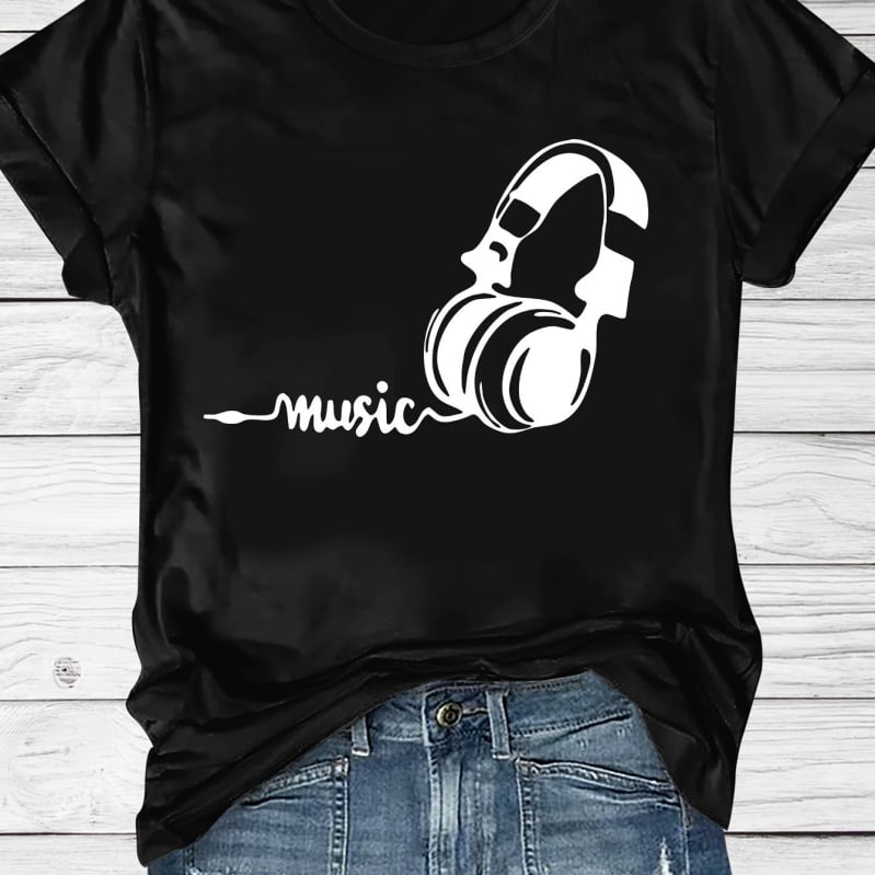 Tricou T cu imprimeu tematic Festival de Muzică, mâneci scurte, guler rotund, croială lejeră, pentru vară și primăvară, femei, bumbac negru-gri.